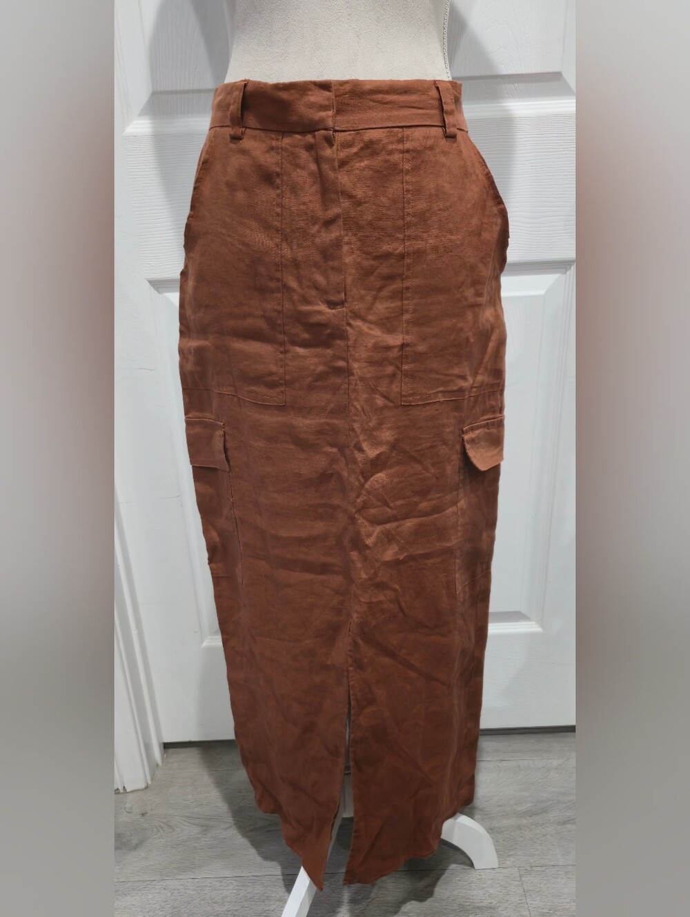 Magaschoni 100% Linen Cargo Midi Skirt Size 6 Rust Brown Utility Maxi Skirt - Picture 5 of 13